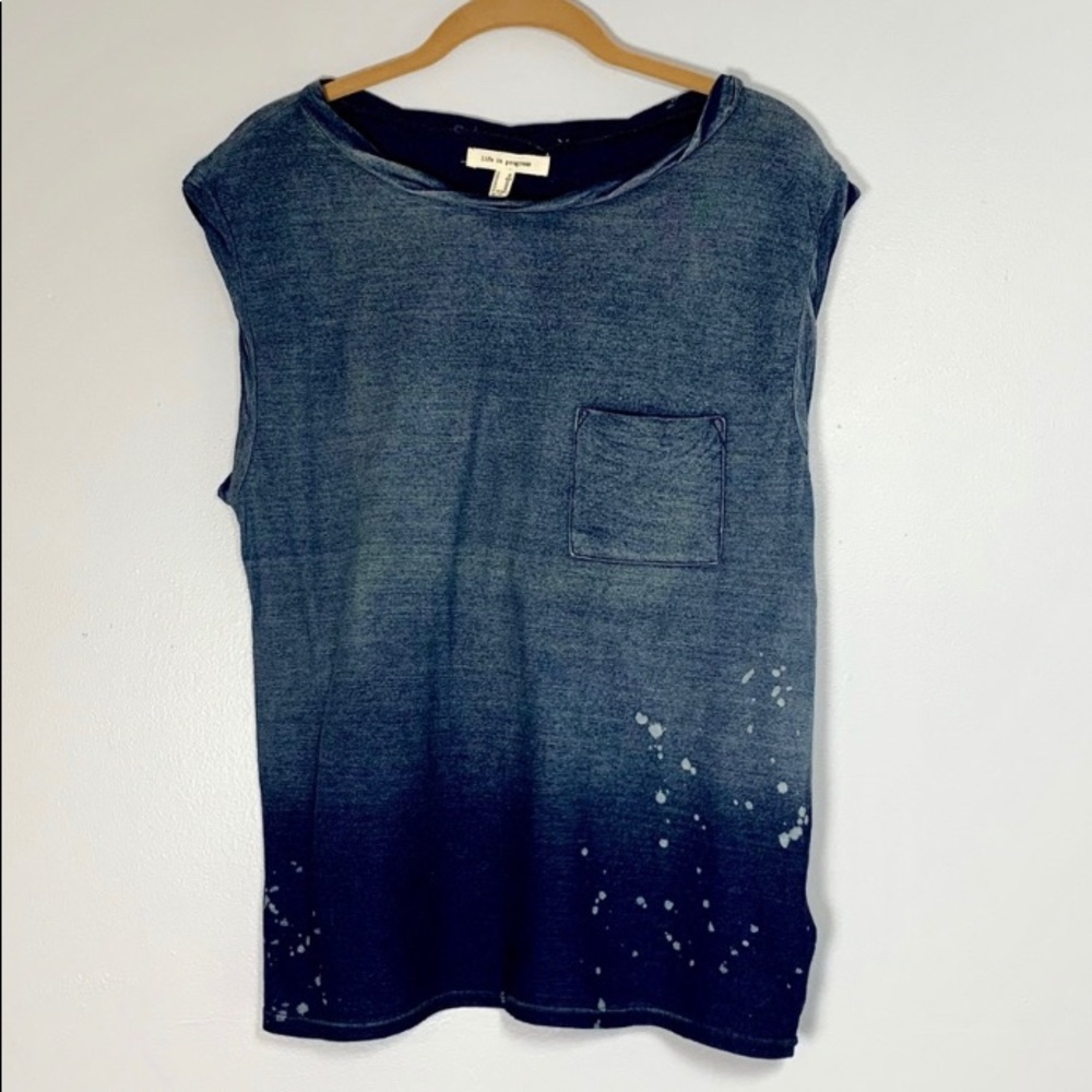 “life in progress” Blue Tattered Sleeveless Shirt